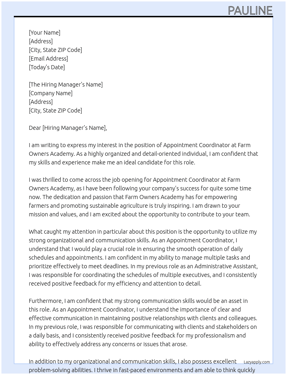 Appointment Co ordinator At Farm Owners Academy Cover Letter