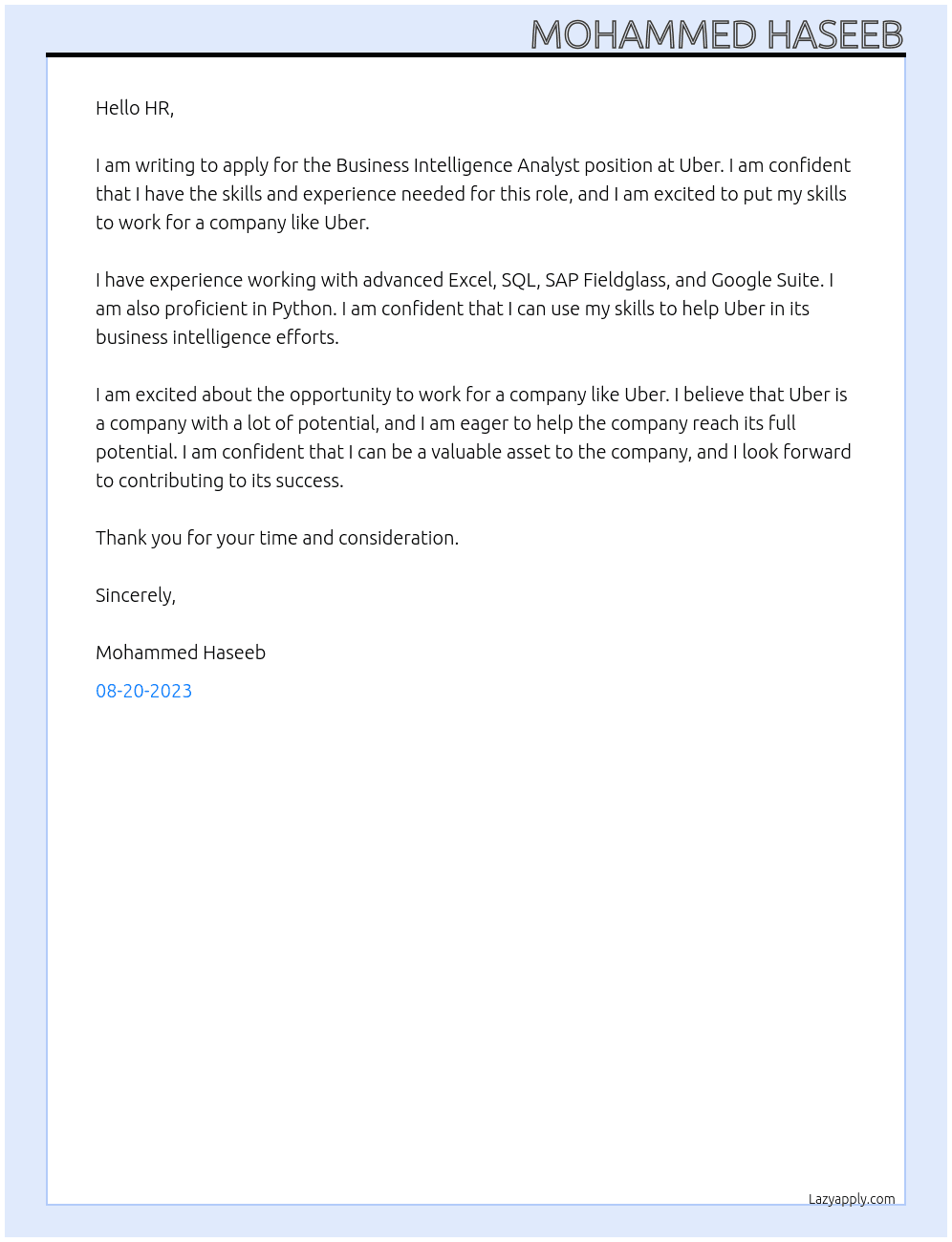 Business intelligence analyst  At Uber Cover Letter