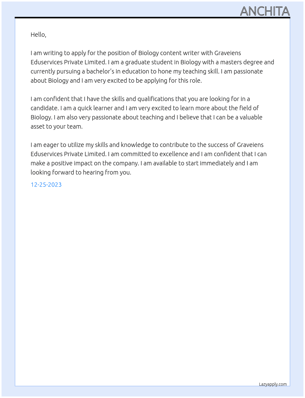 Biology content writer At Graveiens Eduservices Private Limited Cover Letter