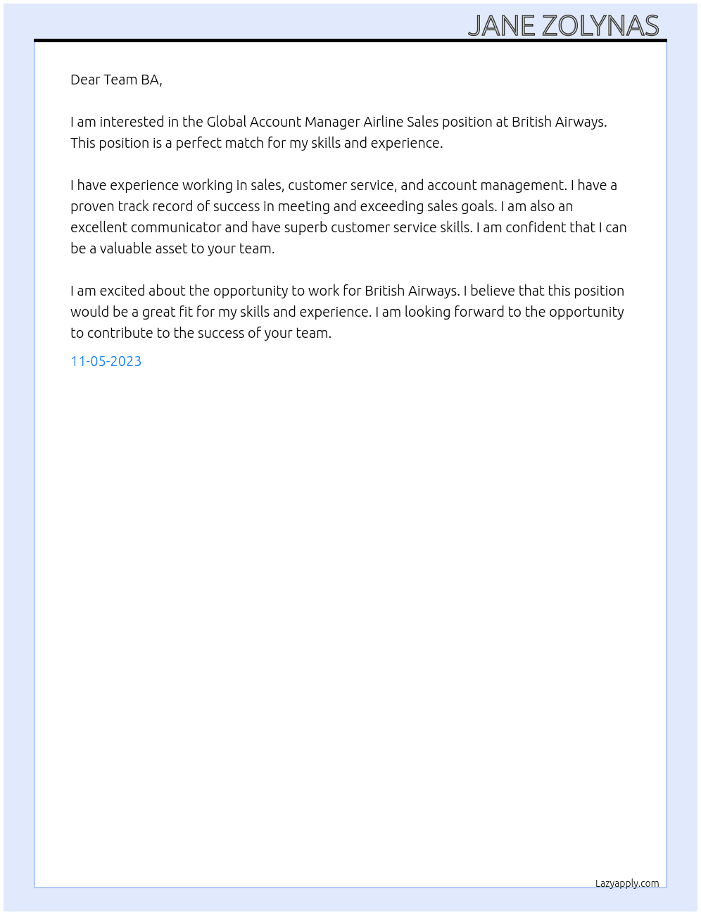 Global Account Manager Airline Sales   At British Airways  Cover Letter