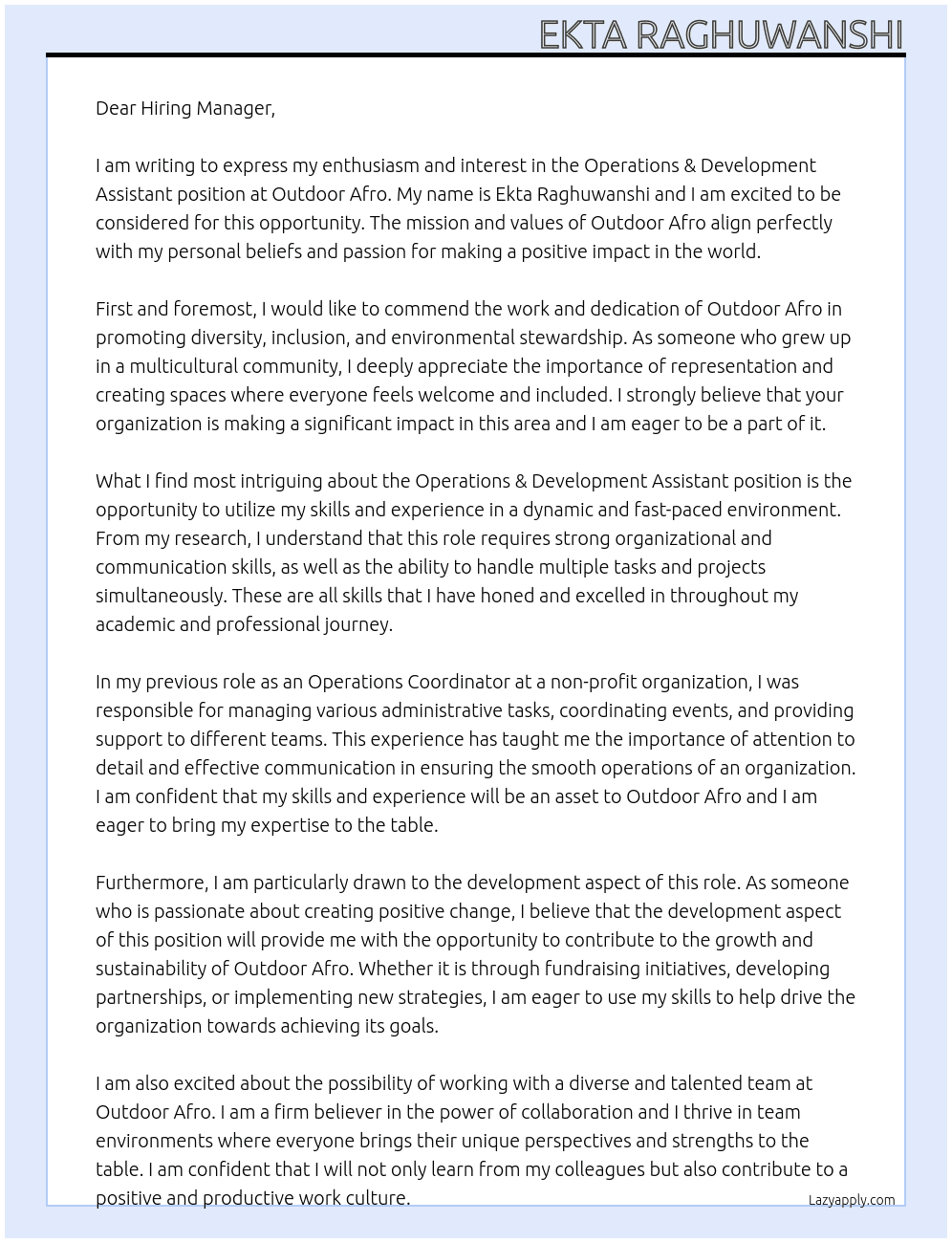 Cover letter for operations & development assistant - LazyApply