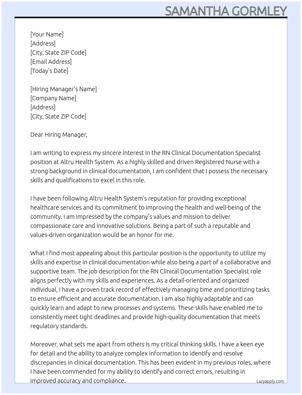 RN Clinical Documentation Specialist At Altru Health System Cover Letter