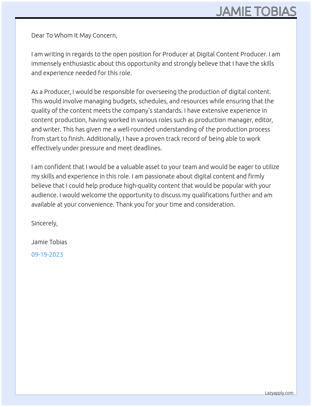 Producer At Digital Content Producer Cover Letter