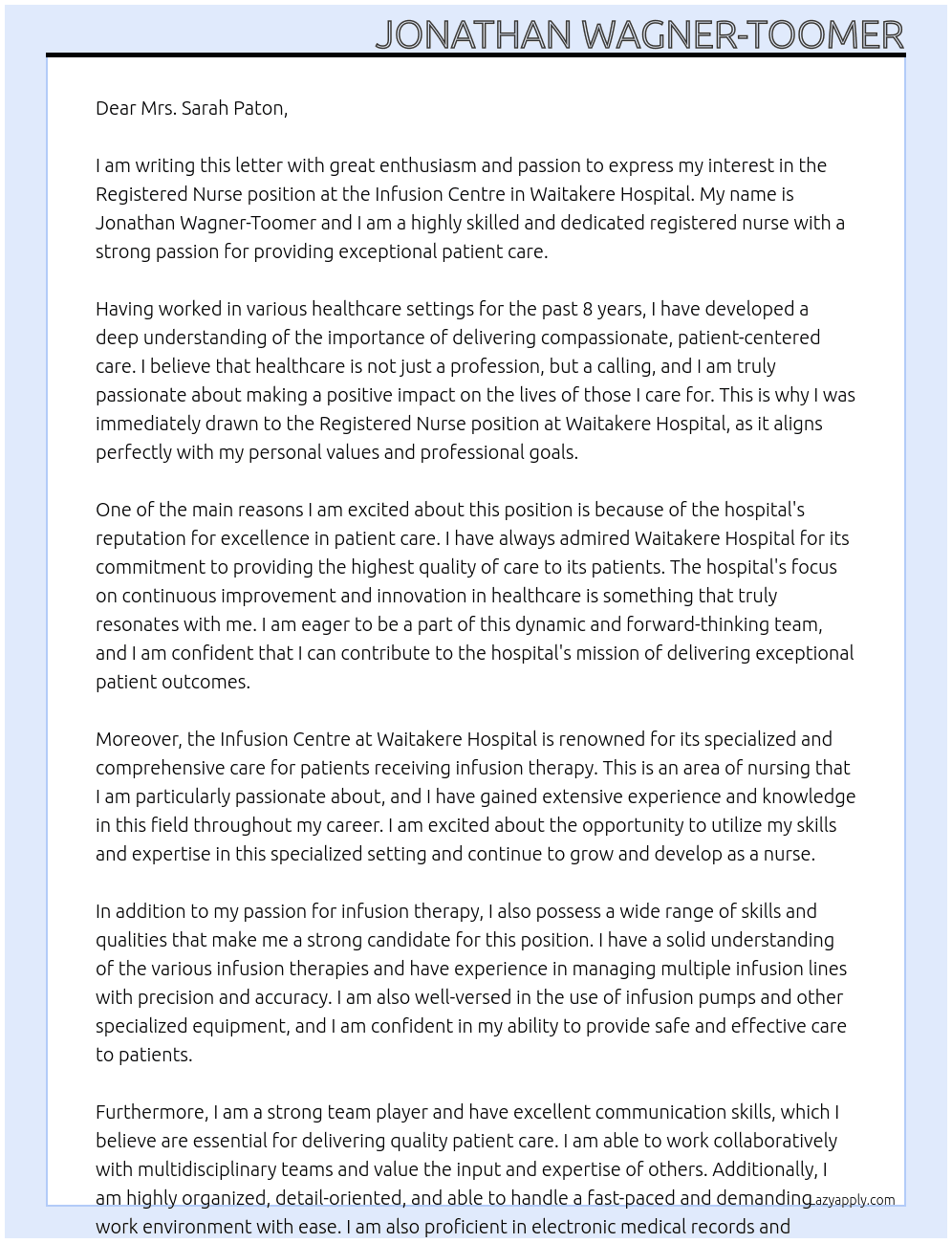 Registered Nurse, Infusion centre At Waitakere Hospital Cover Letter