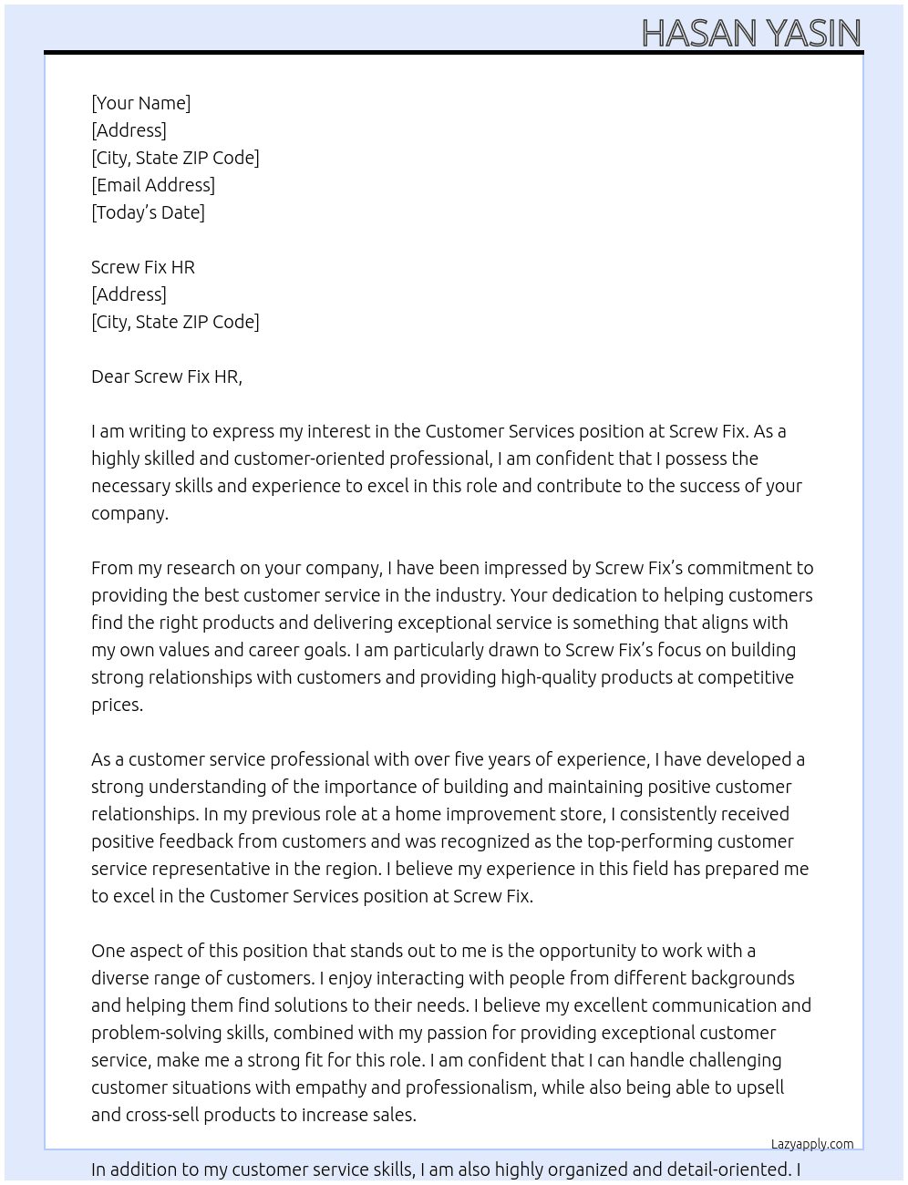 Customer Services At Screw Fix Cover Letter
