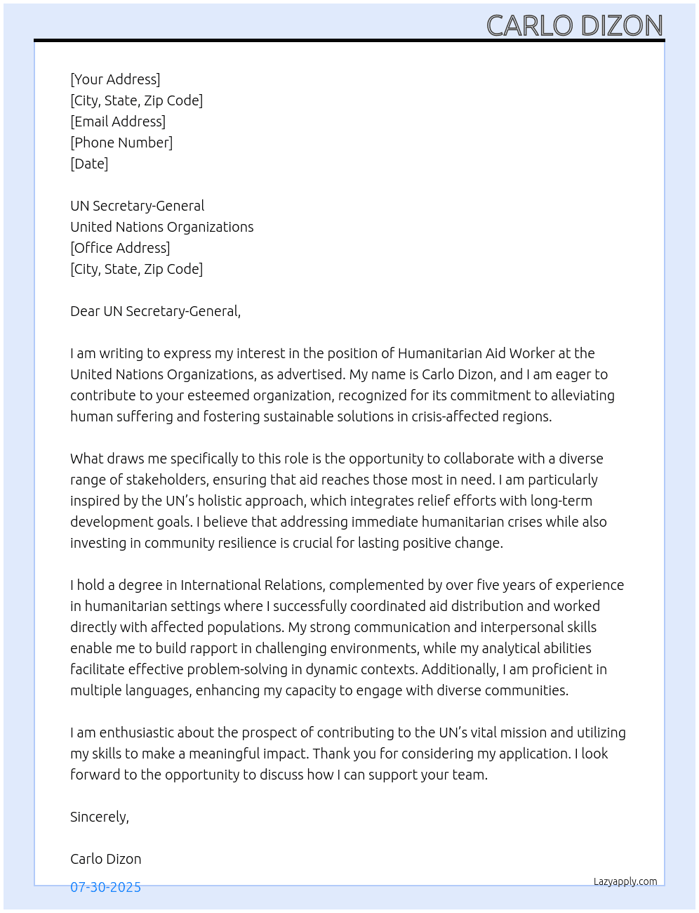Humanitarian Aid Worker At United Nations Organizations Cover Letter