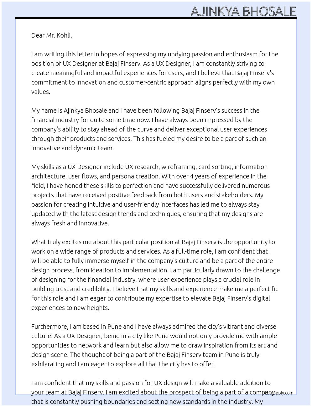 UX Designer At Bajaj Finserv Cover Letter