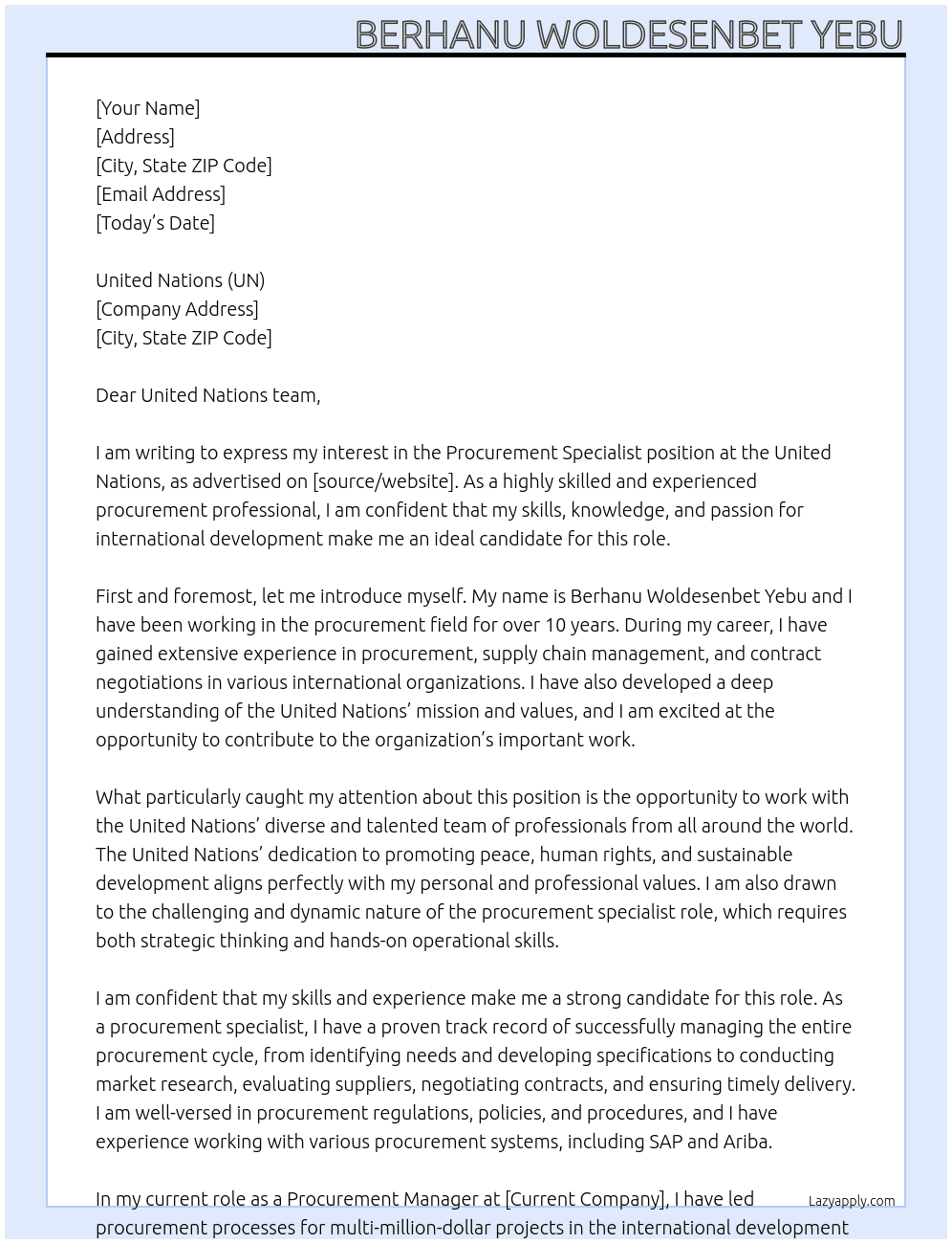 procurement specialist At united nations (UN) Cover Letter