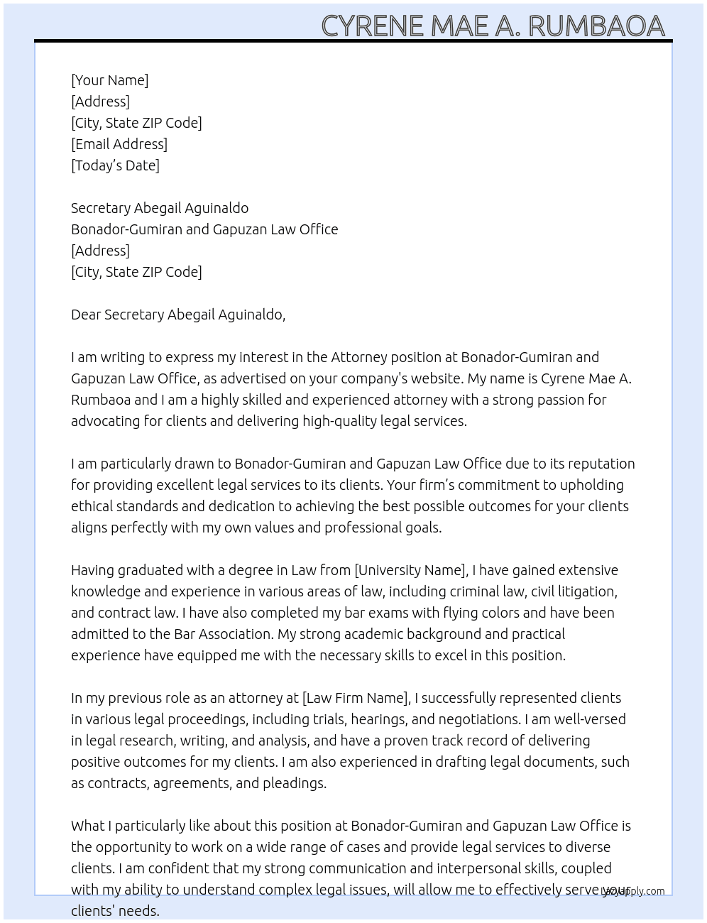 Attorney  At Bonador-Gumiran and Gapuzan Law Office  Cover Letter