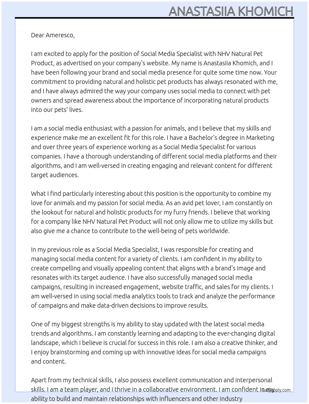 Social Media Specialist  At NHV Natural Pet Product Cover Letter