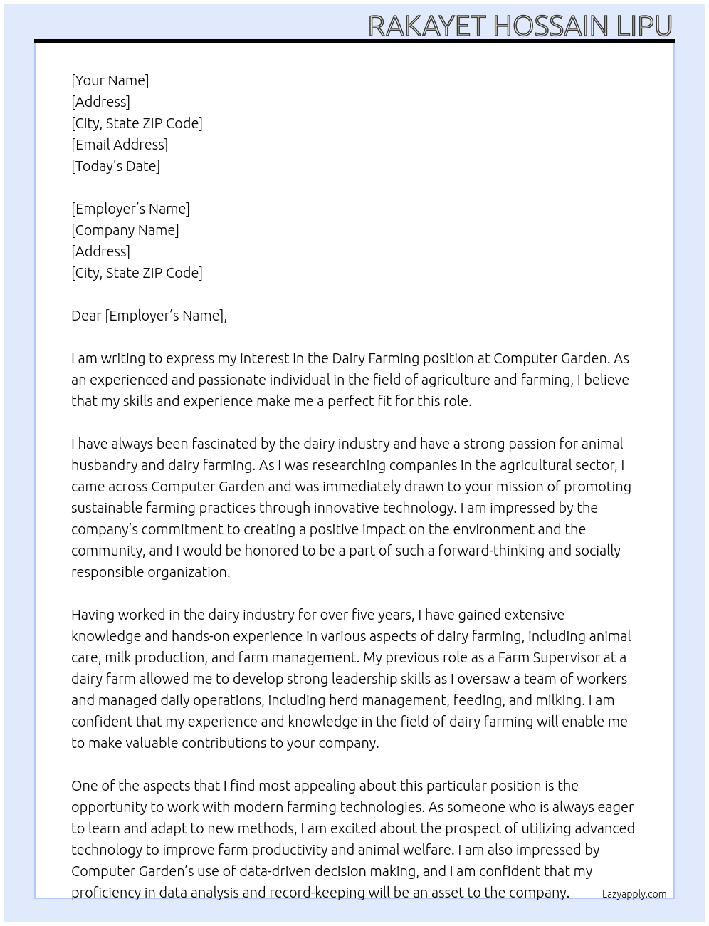 Dairy Farming At Computer Garden Cover Letter