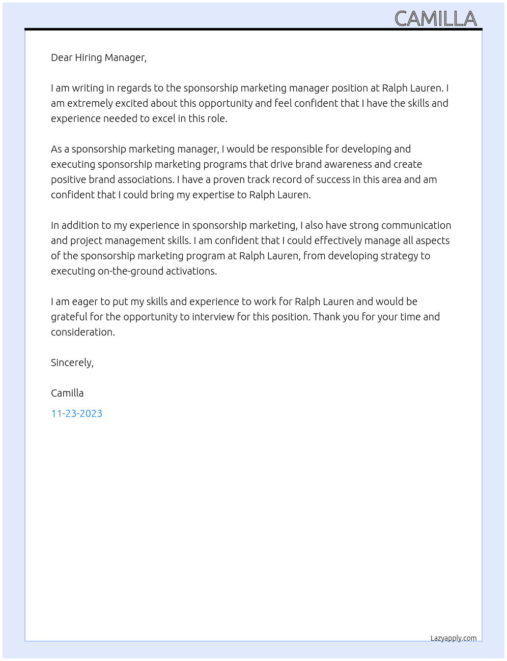 sponsorship marketing manager At ralph lauren Cover Letter