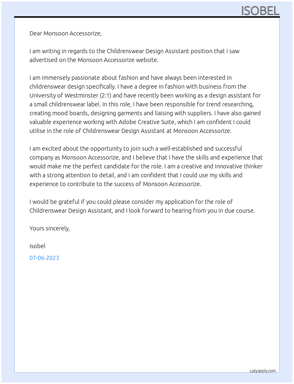 Childrenswear Design Assistant  At Monsoon Accessorize Cover Letter