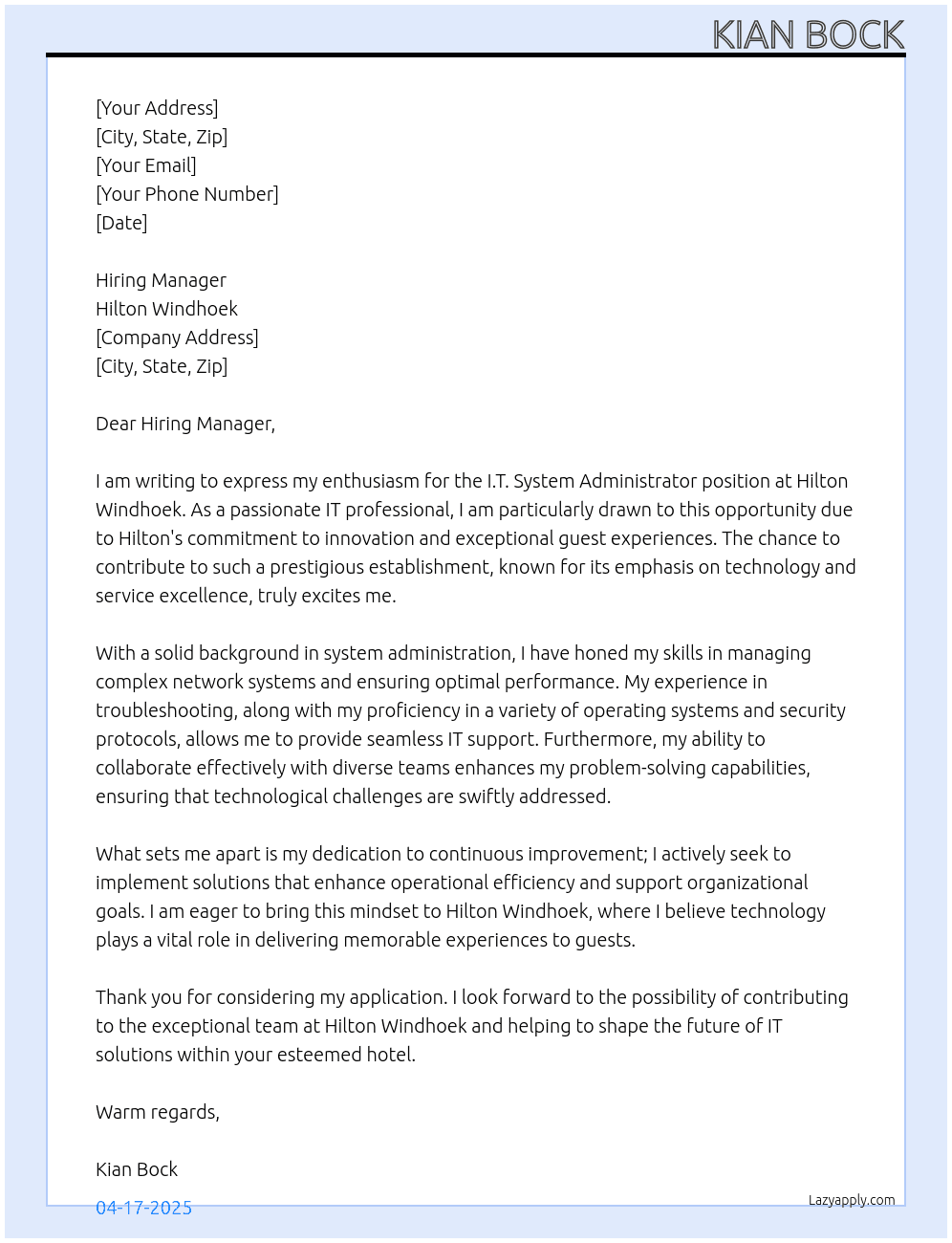 Cover letter for i.t system administrator - LazyApply