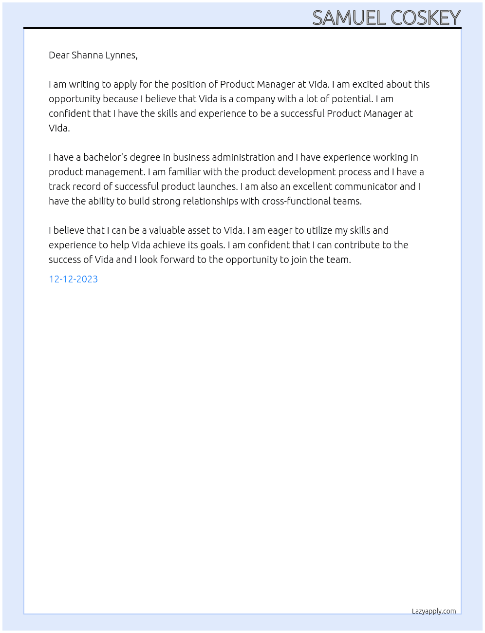 Product Manager At Vida Cover Letter