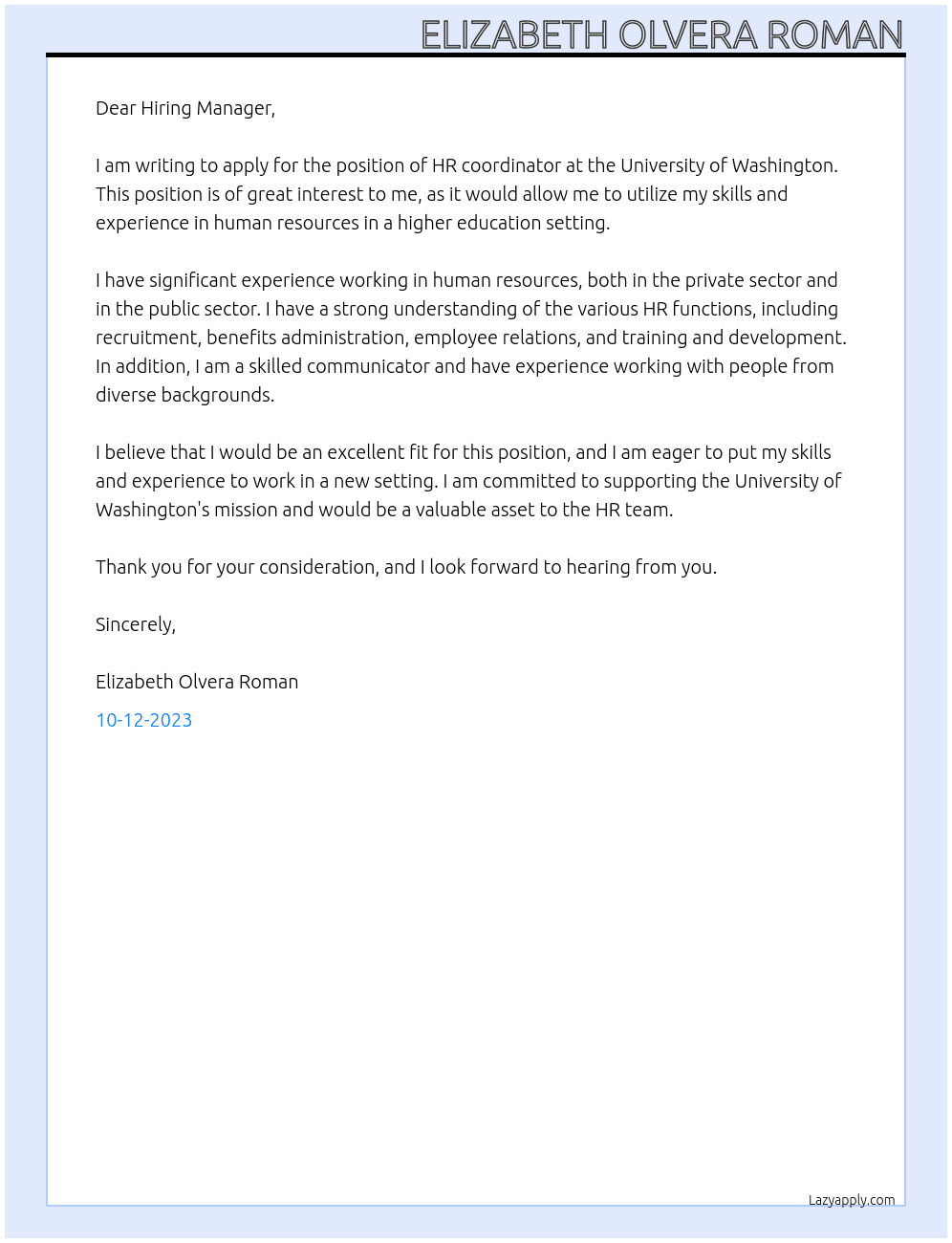 HR coordinator  At University of Washington Cover Letter