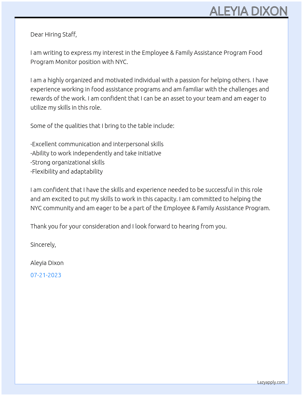 employee & family assistance program food program monitor At NYC Cover Letter