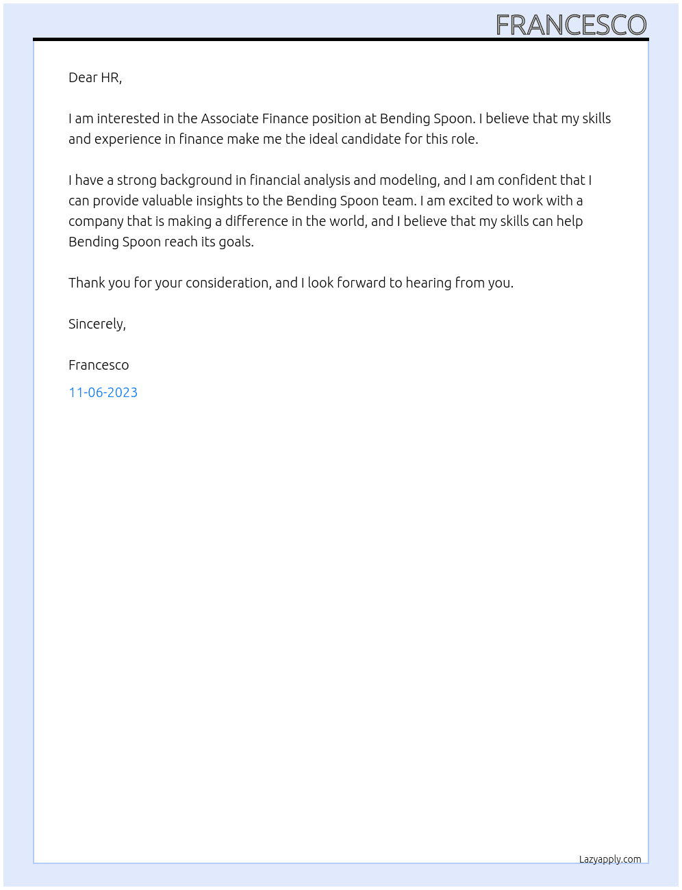 Associate Finance At Bending Spoon Cover Letter