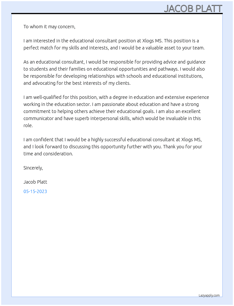 Educational Consultant At Xlogs MS  Cover Letter