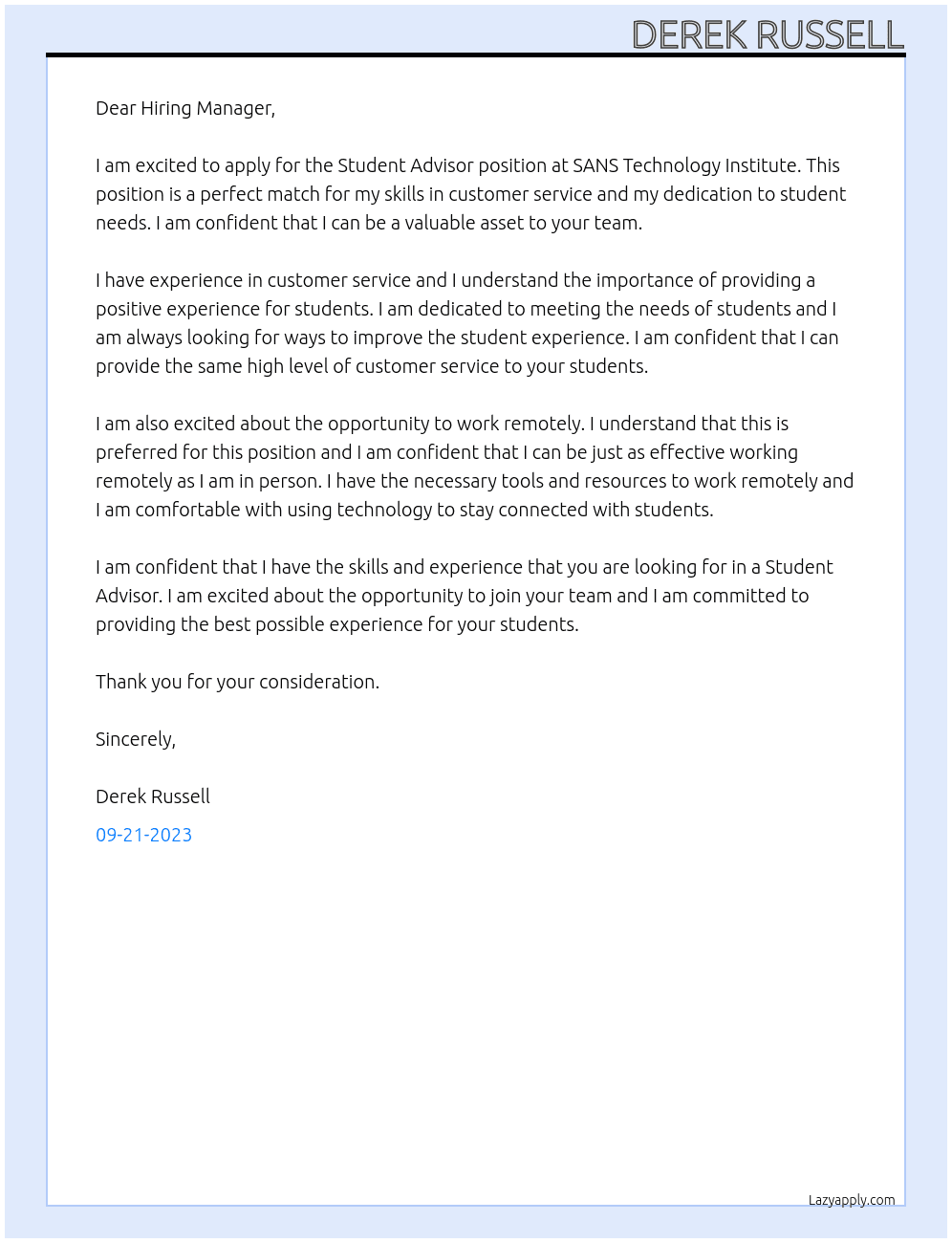 Student Advisor At SANS Technology Institute Cover Letter