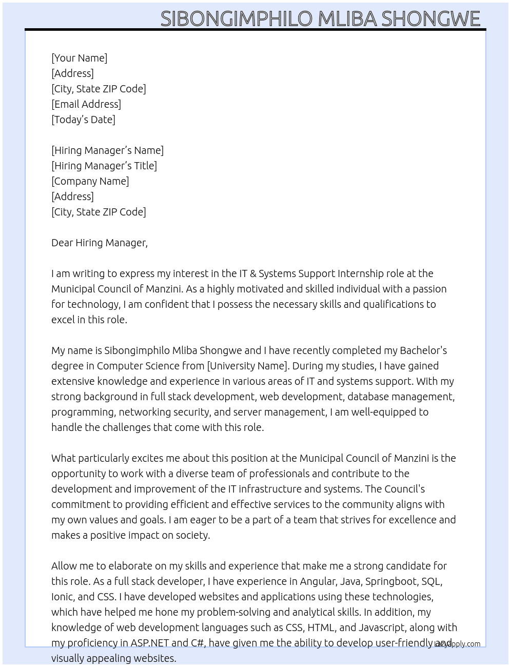 IT & Systems Support  At Municipal Council of Manzini Cover Letter