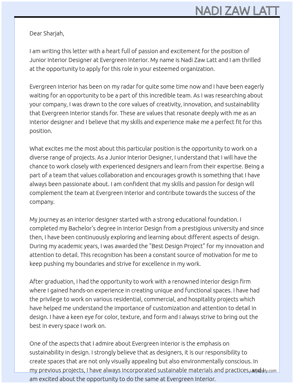 Junior Interior Designer At Evergreen Interior Cover Letter
