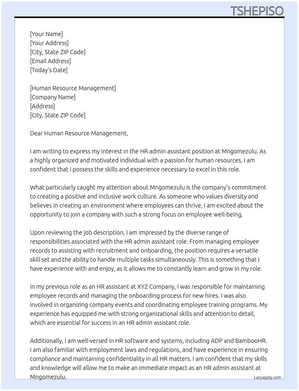 HR admin assistant At Mngomezulu Cover Letter