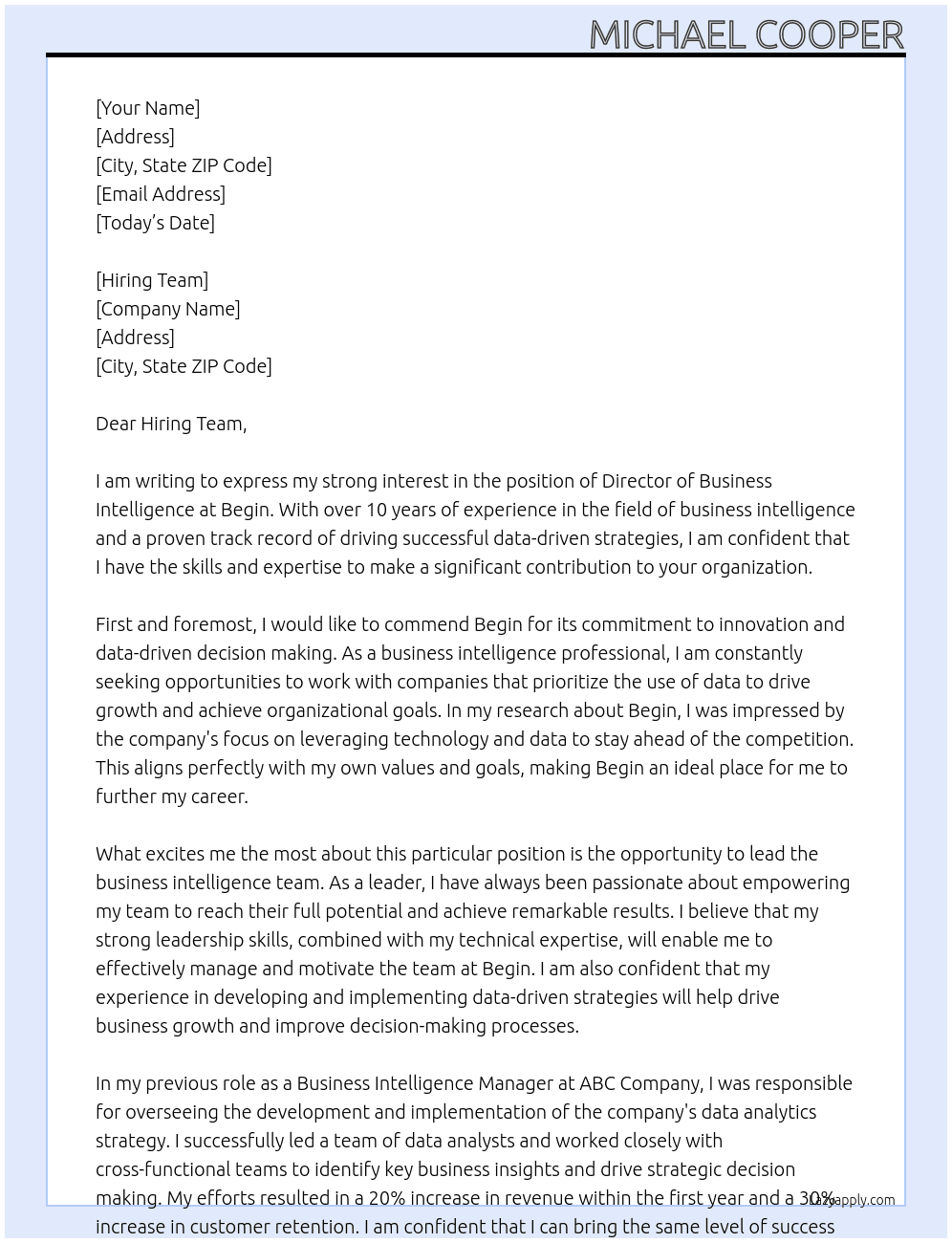 Director of Business Intelligence At Begin Cover Letter