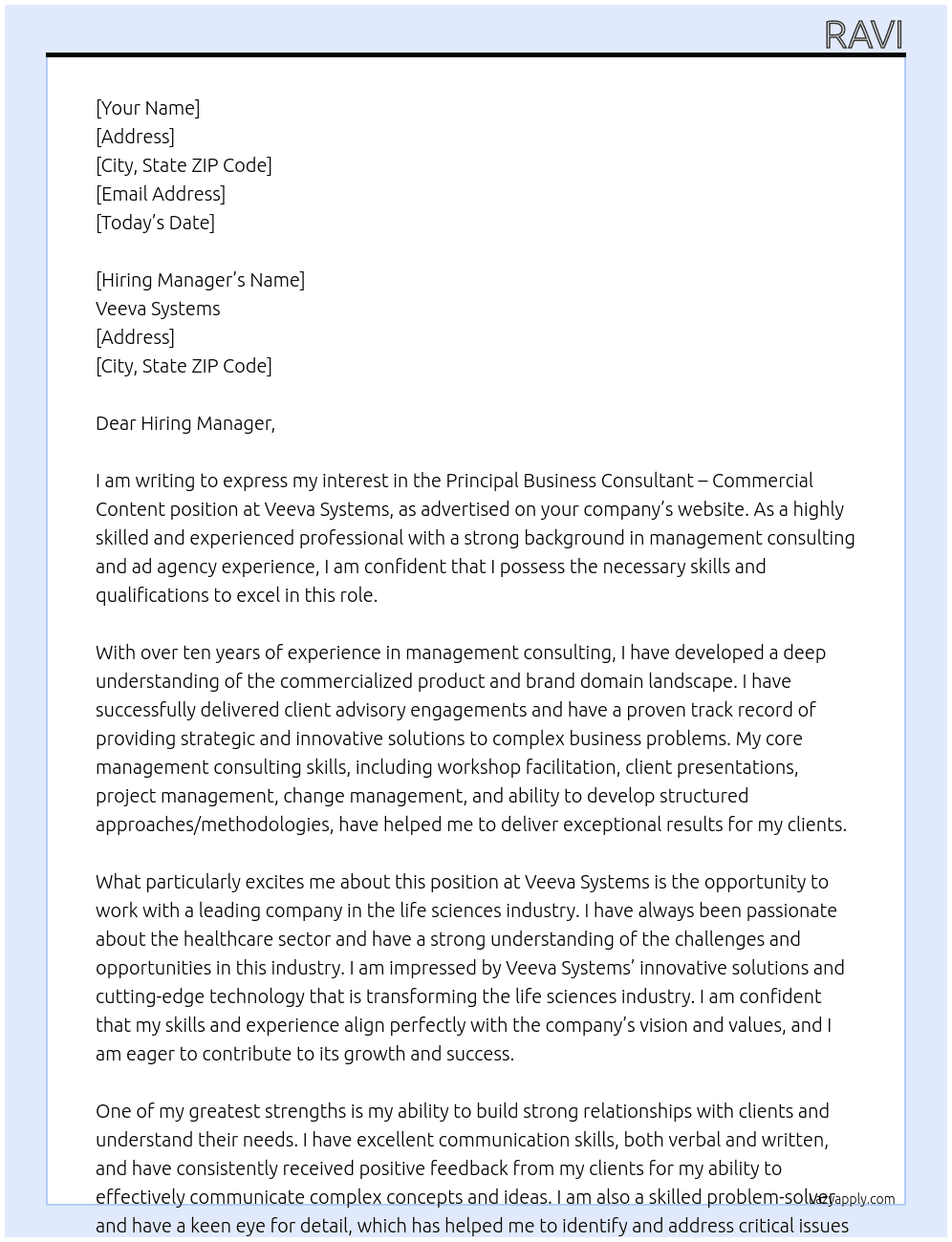 Principal Business Consultant – Commercial Content At Veeva Systems Cover Letter