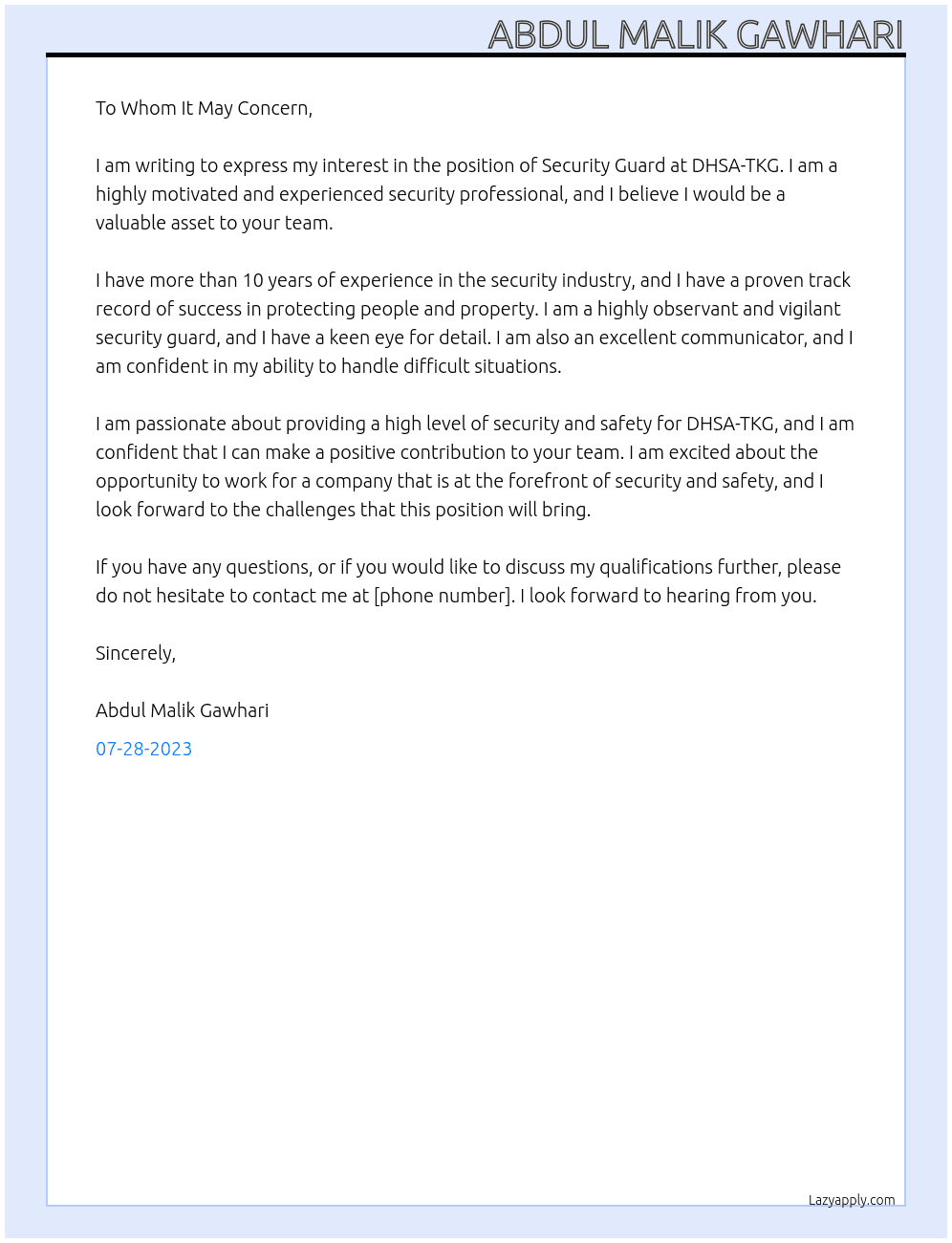 Security Guard At DHSA-TKG Cover Letter