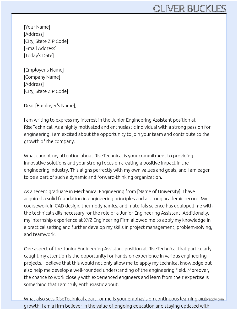 junior engineering assistant At RiseTechnical Cover Letter