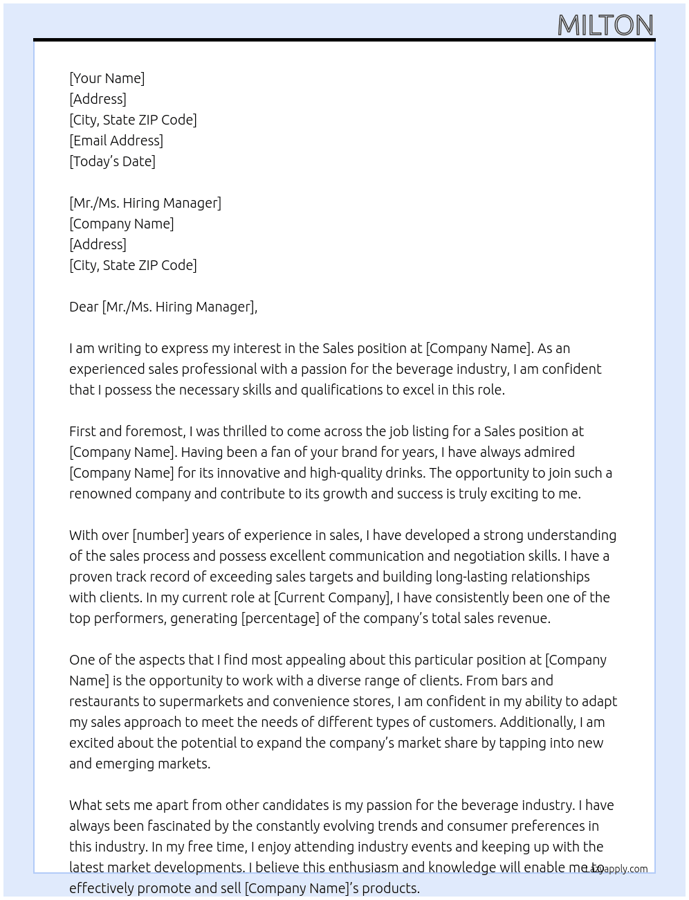 sale  At drinks Cover Letter
