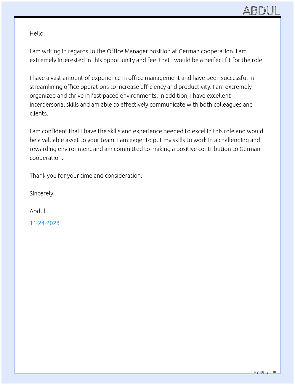 Office Manager At German cooperation Cover Letter
