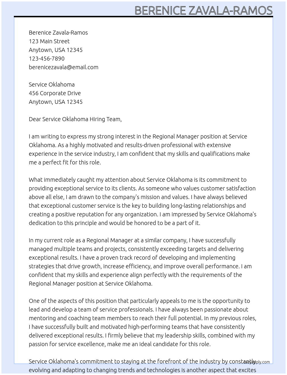 Regional Manager At Service Oklahoma Cover Letter