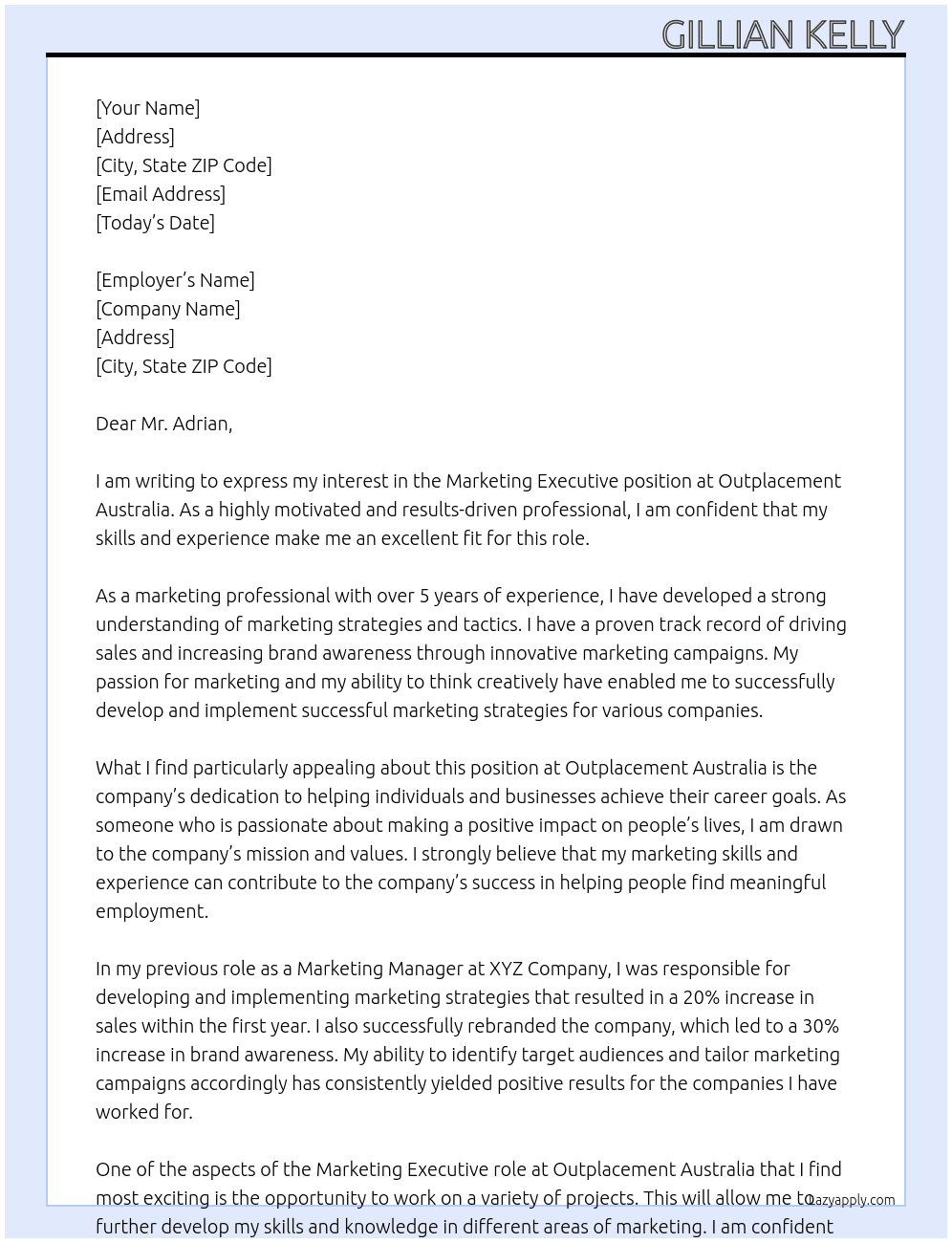 Marketing executive  At Outplacement Australia Cover Letter