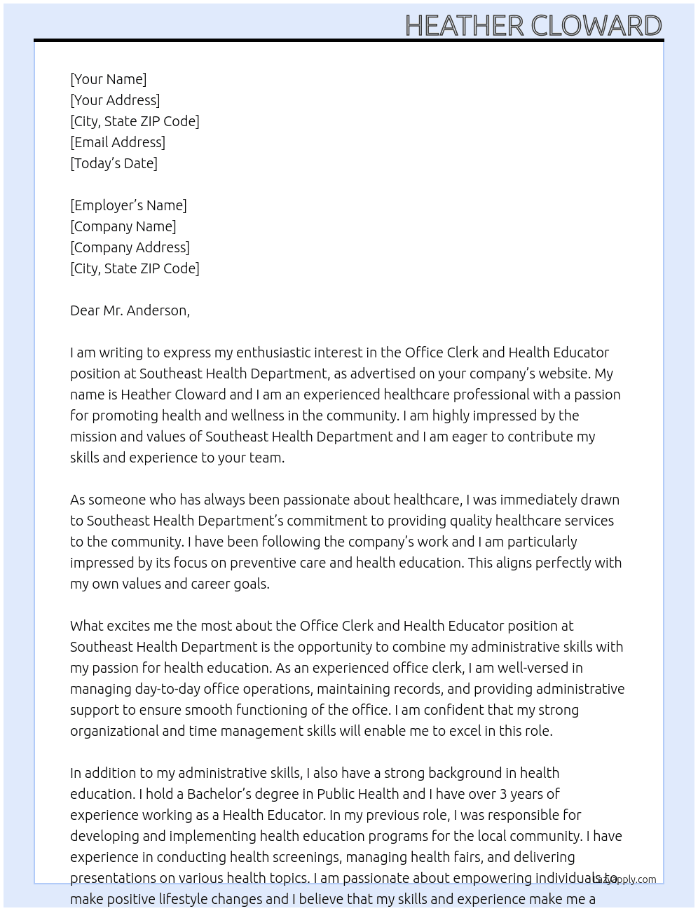 Office Clerk and Health Educator At Southeast Health Department Cover Letter