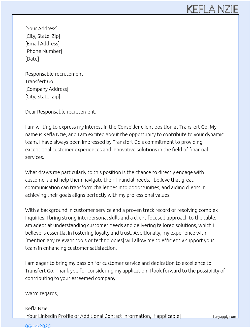 Conseiller client At Transfert Go Cover Letter