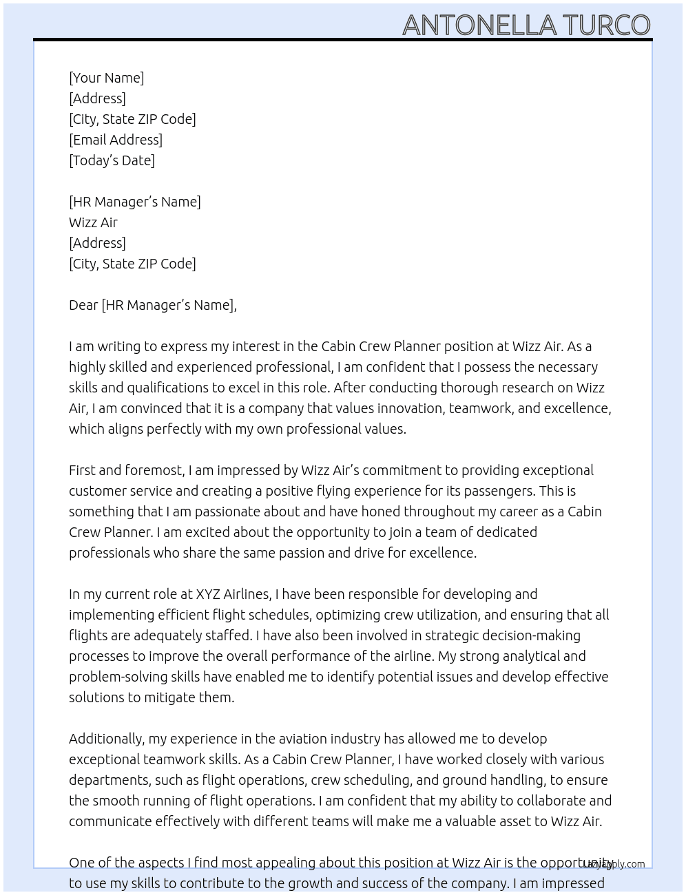 Cabin Crew Planner At Wizz Air Cover Letter
