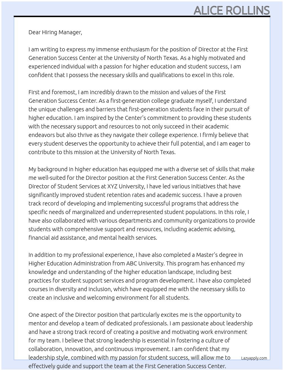 Director, First Generation Success Center At University of North Texas Cover Letter