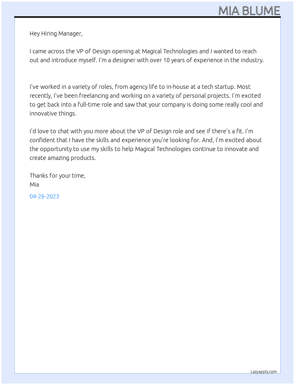 VP of Design At Magical Technologies Cover Letter