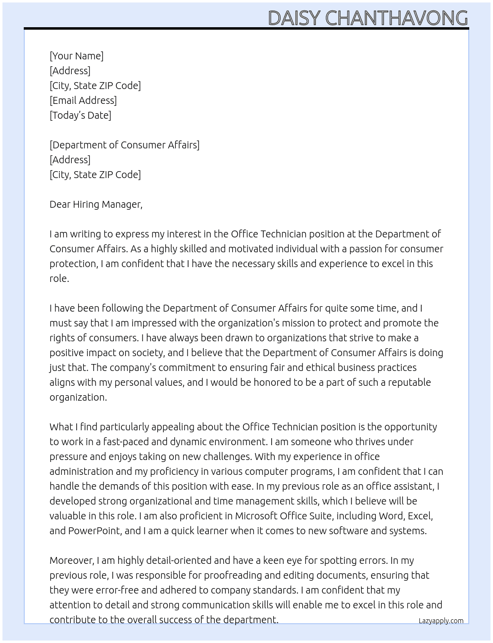 office technician At Department of Consumer Affairs Cover Letter
