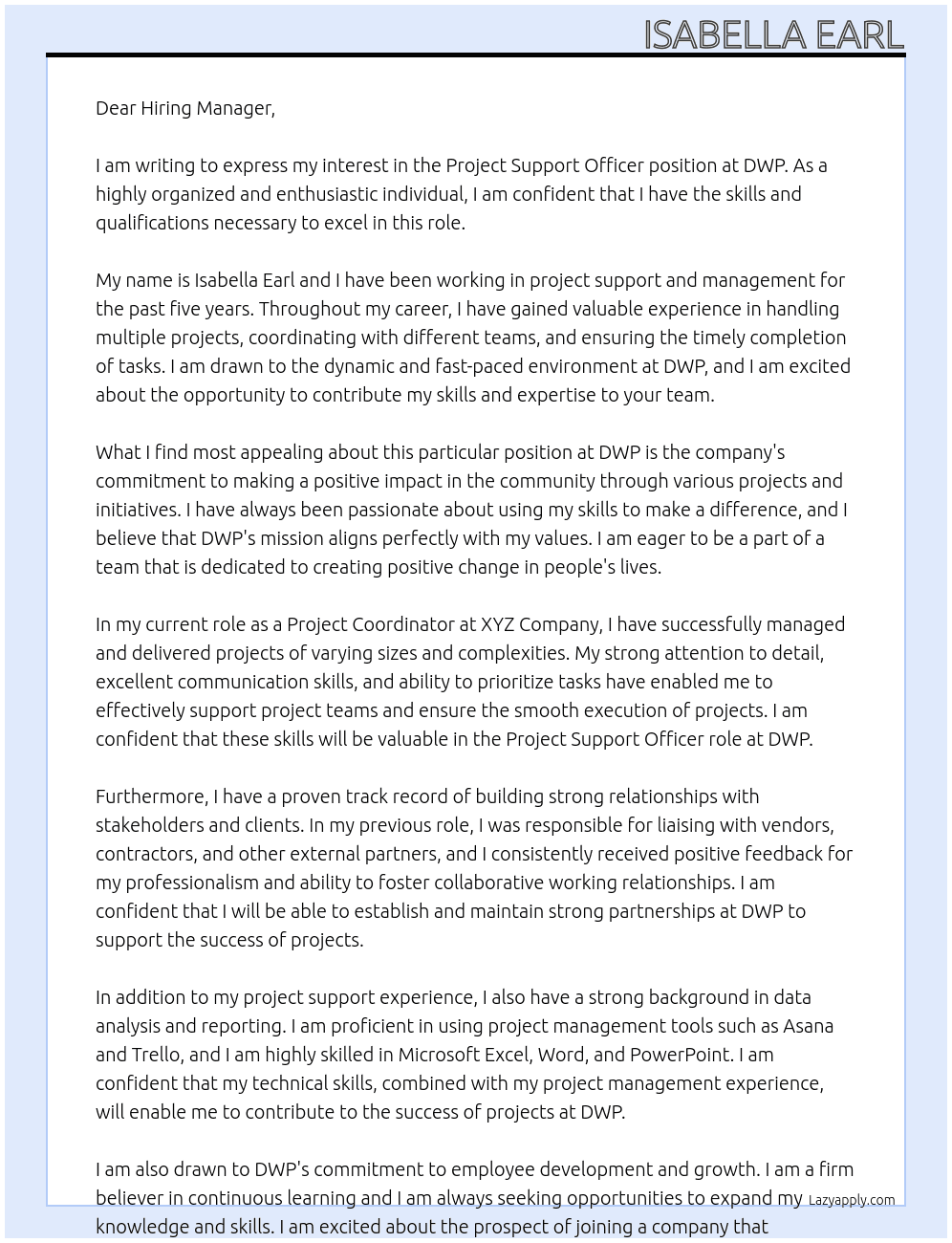 Project Support Officer At DWP Cover Letter