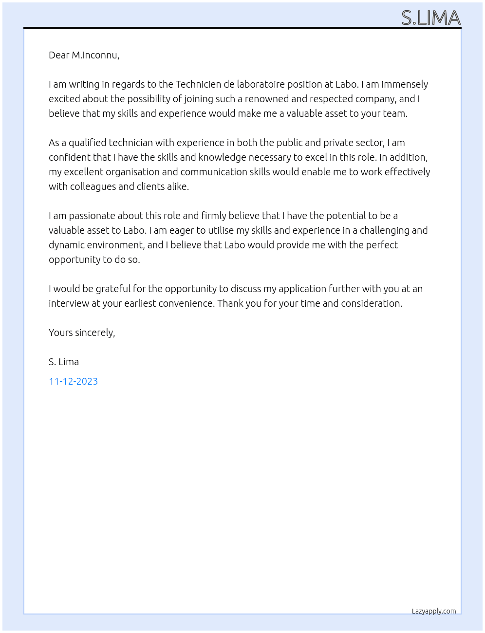 Technicien de laboratoire  At Labo Cover Letter