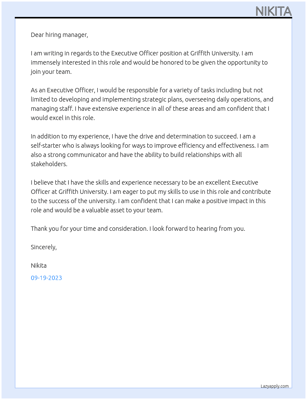 Executive Officer At Griffith University Cover Letter