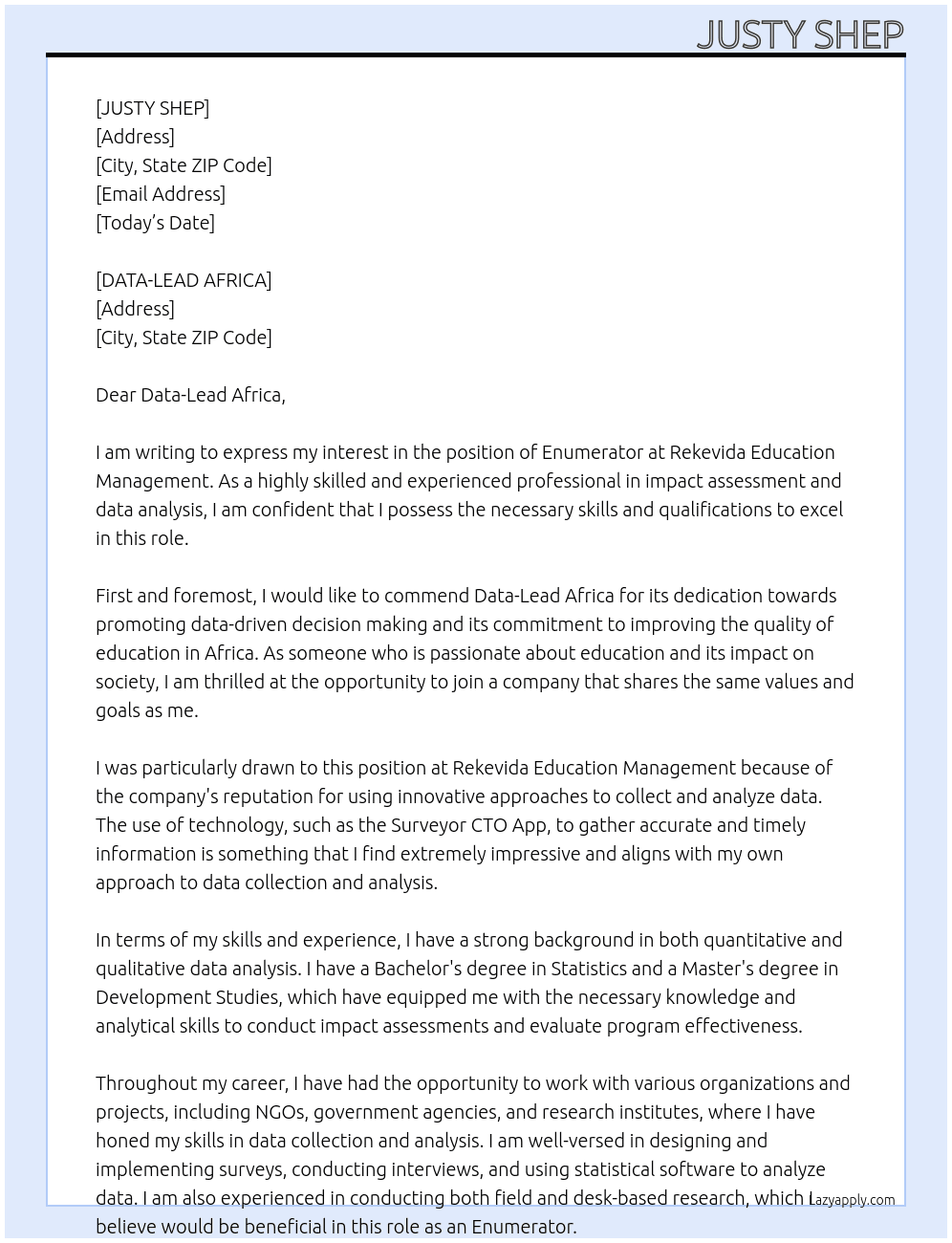 ENUMERATOR At REKEVIDA EDUCATION MANAGEMENT Cover Letter