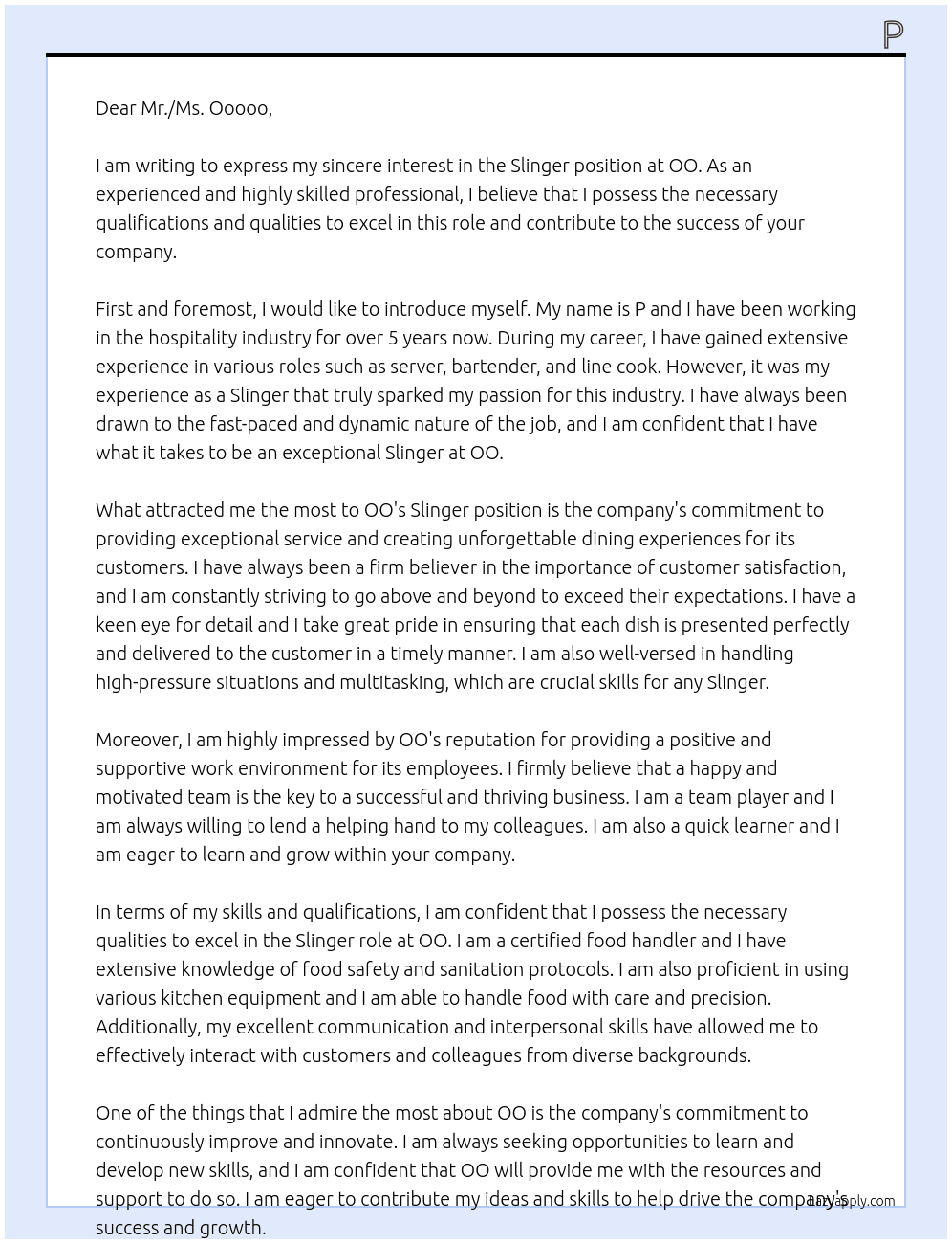 slinger At oo Cover Letter