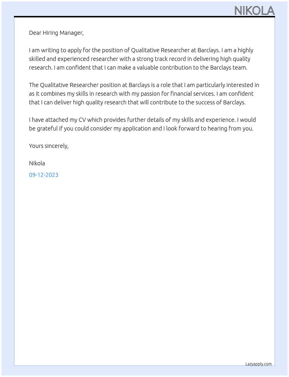 Qualitative researcher At Barclays Cover Letter