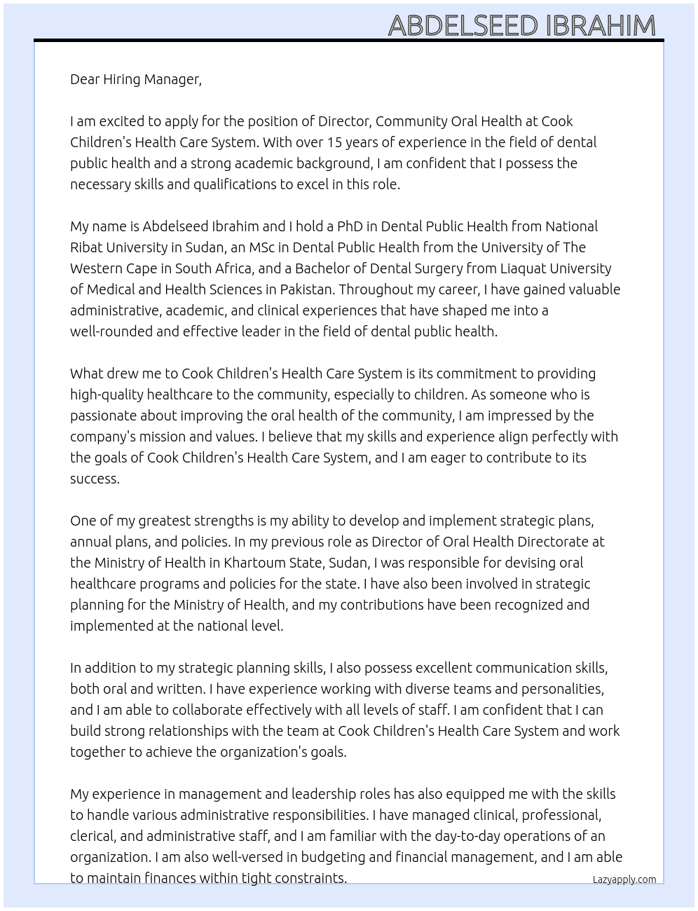 Director, Community Oral Health At Cook Children's Health Care System  Cover Letter