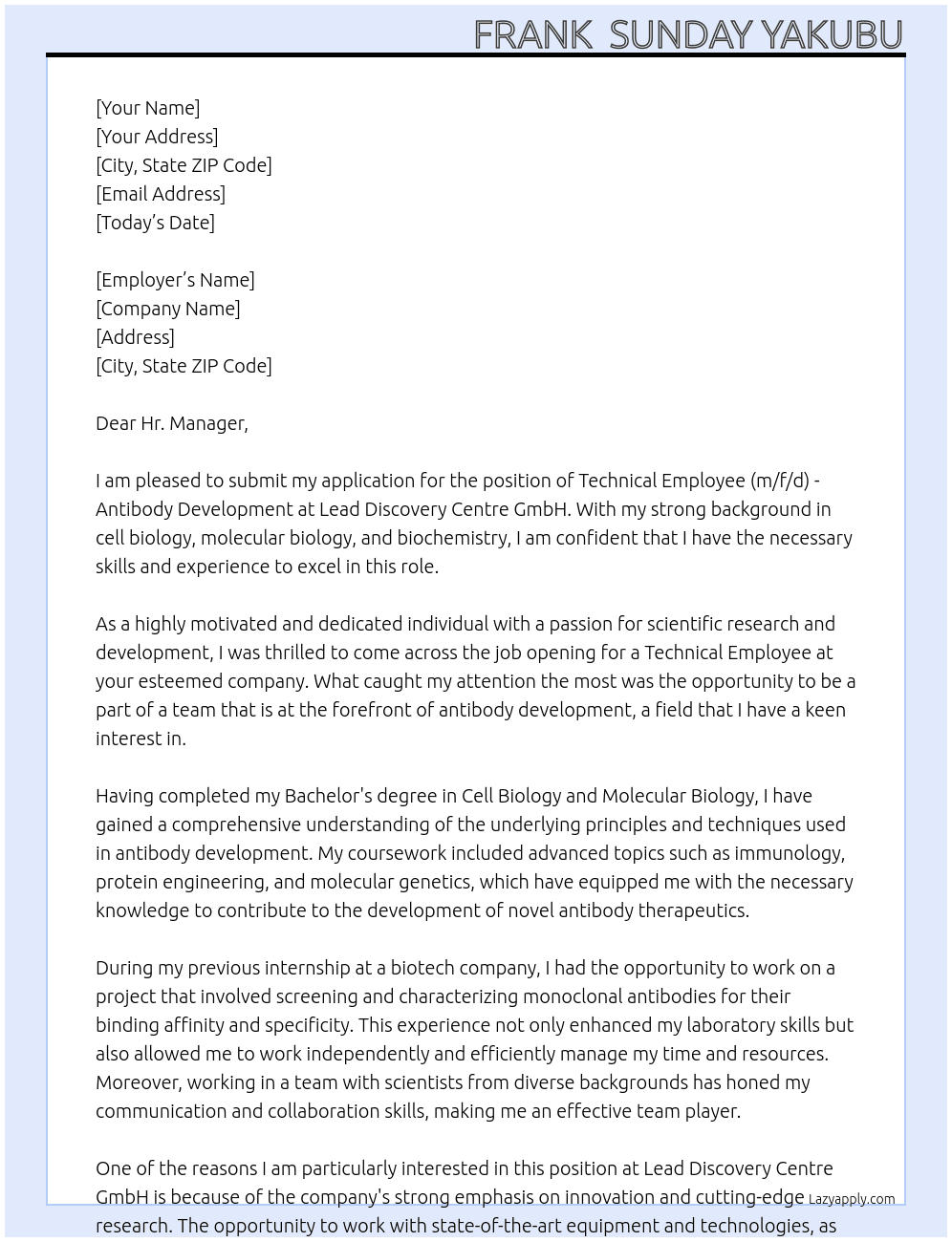 Technical employee (m/f/d) - Antibody development At Lead Discovery Centre GmbH Cover Letter