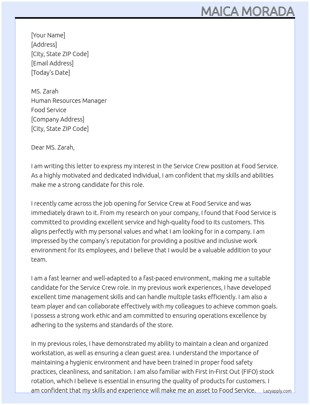 Service Crew At Food Service Cover Letter